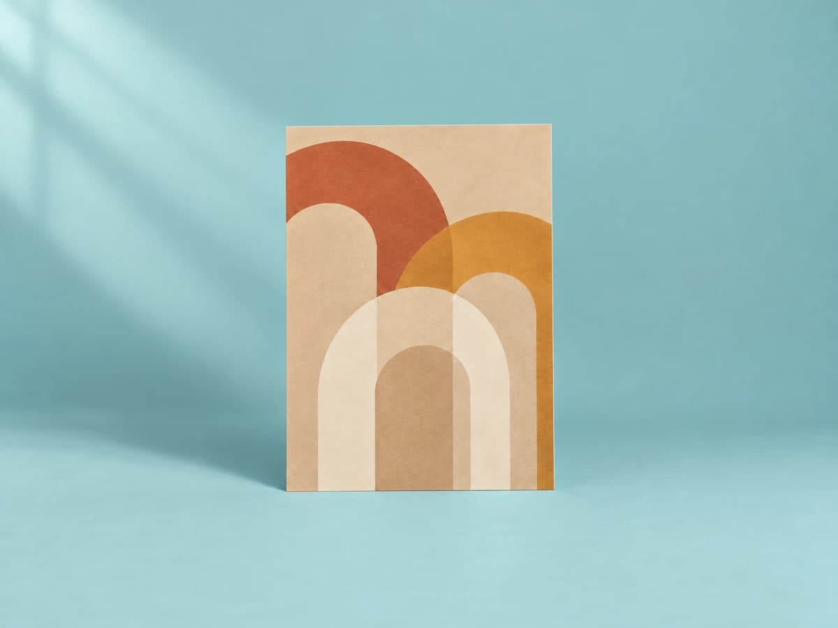 Abstract print of overlapping terracotta, mustard, and cream arches on a beige background