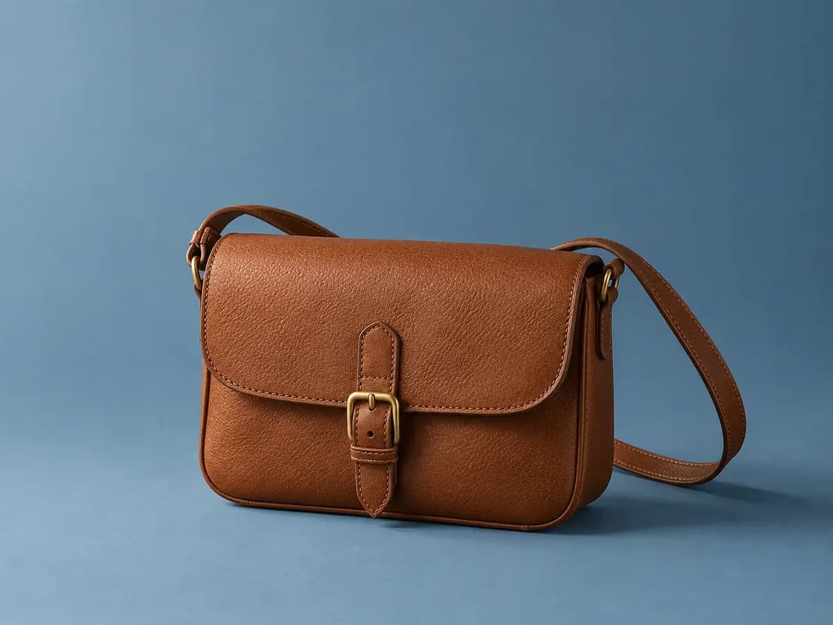 Tan pebbled crossbody bag with a front flap, brass buckle closure, and long shoulder strap