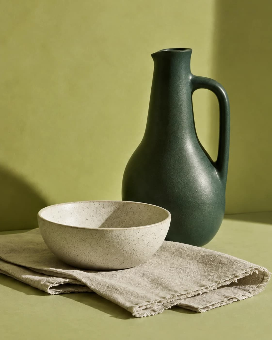 Forest-green ceramic pitcher, speckled bowl, and folded linen in warm studio light