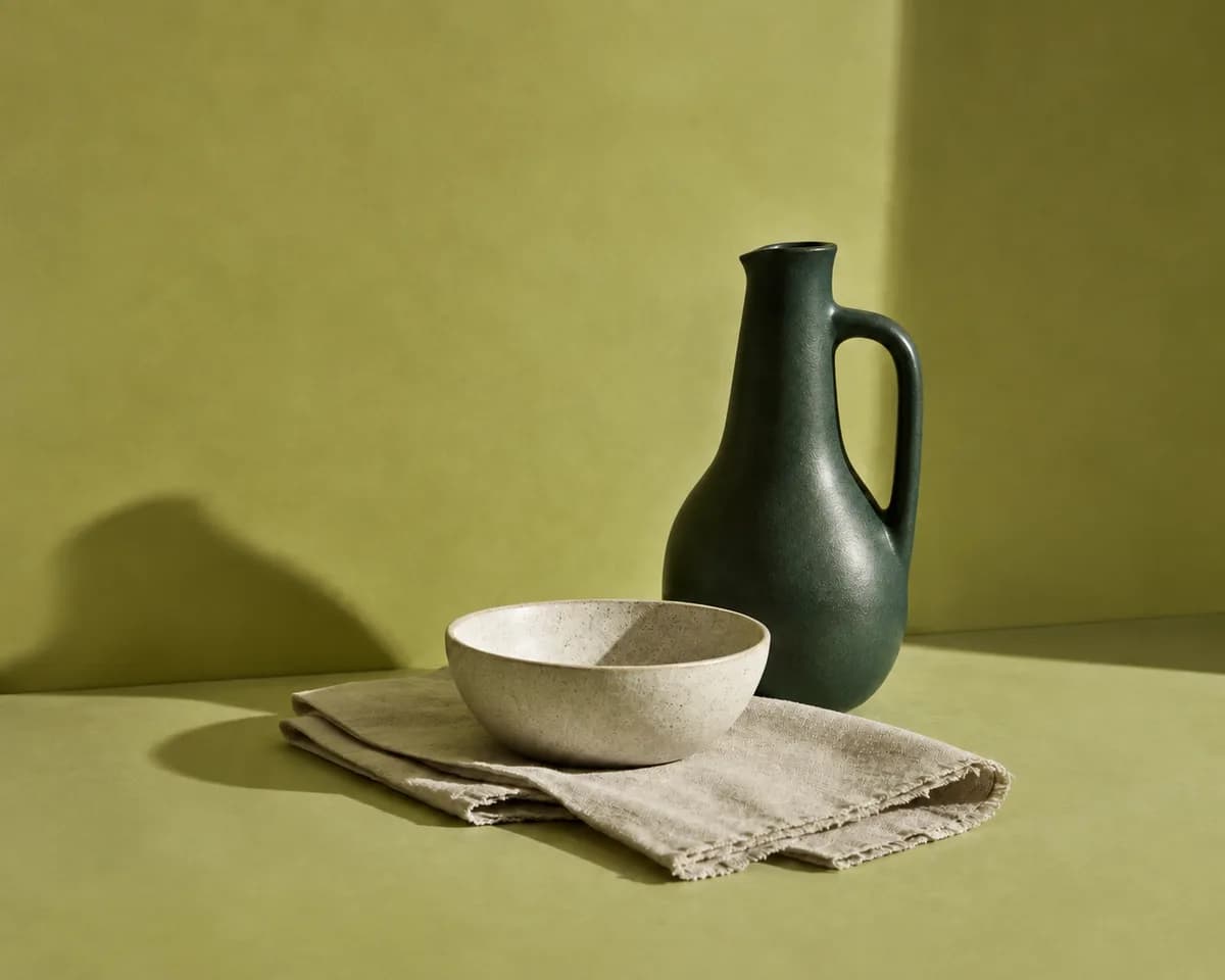 Forest-green ceramic pitcher, speckled bowl, and folded linen in warm studio light
