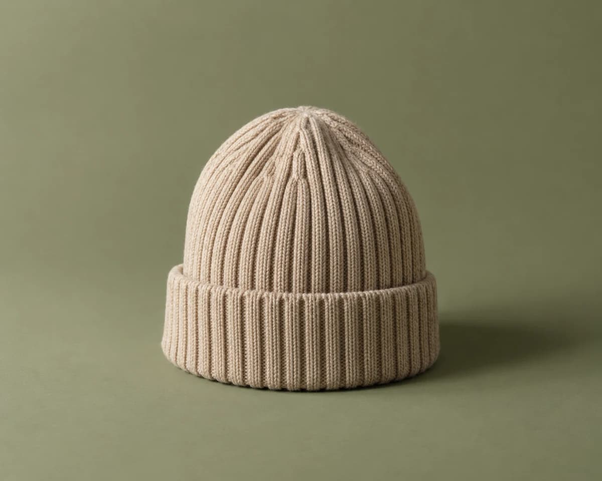 Oatmeal ribbed-knit beanie with a folded cuff on a sage surface.