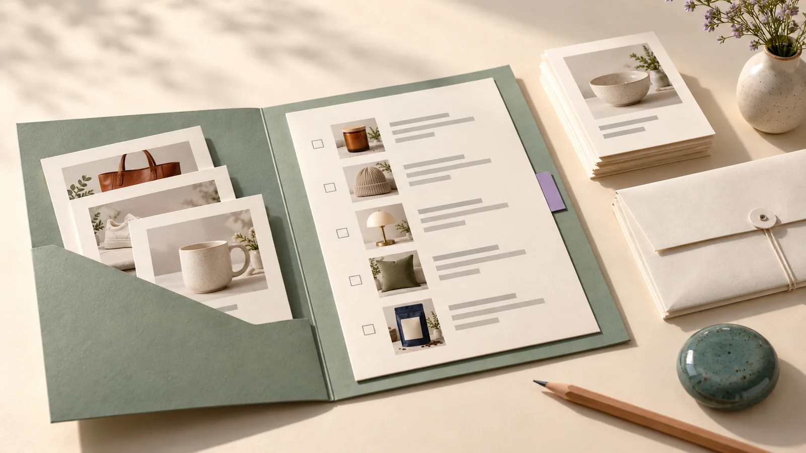 Open folder holding product photo cards and a checklist, beside a stack of bowl cards and a pencil.