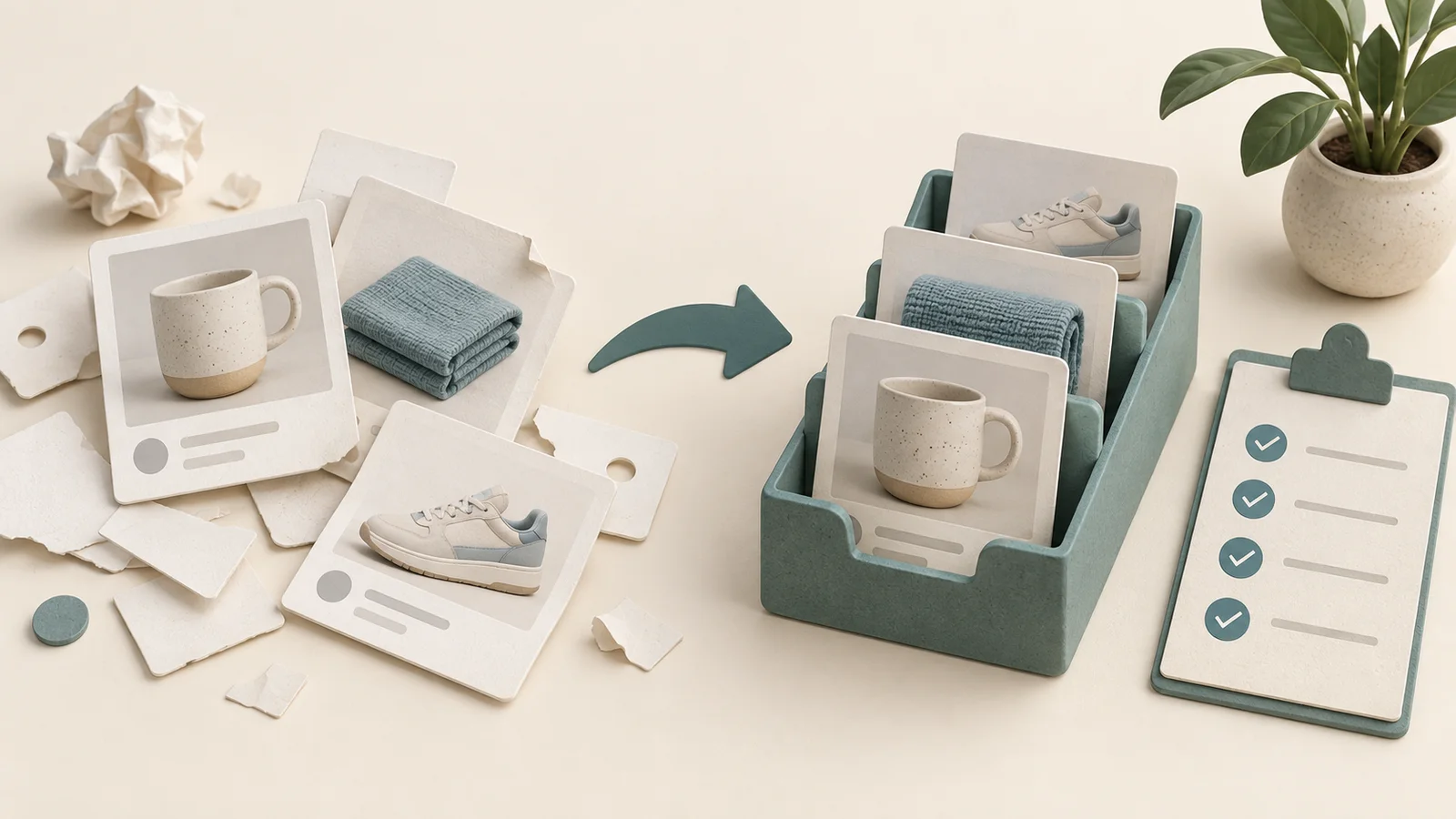 Scattered product cards organized into a teal filing tray beside a checklist