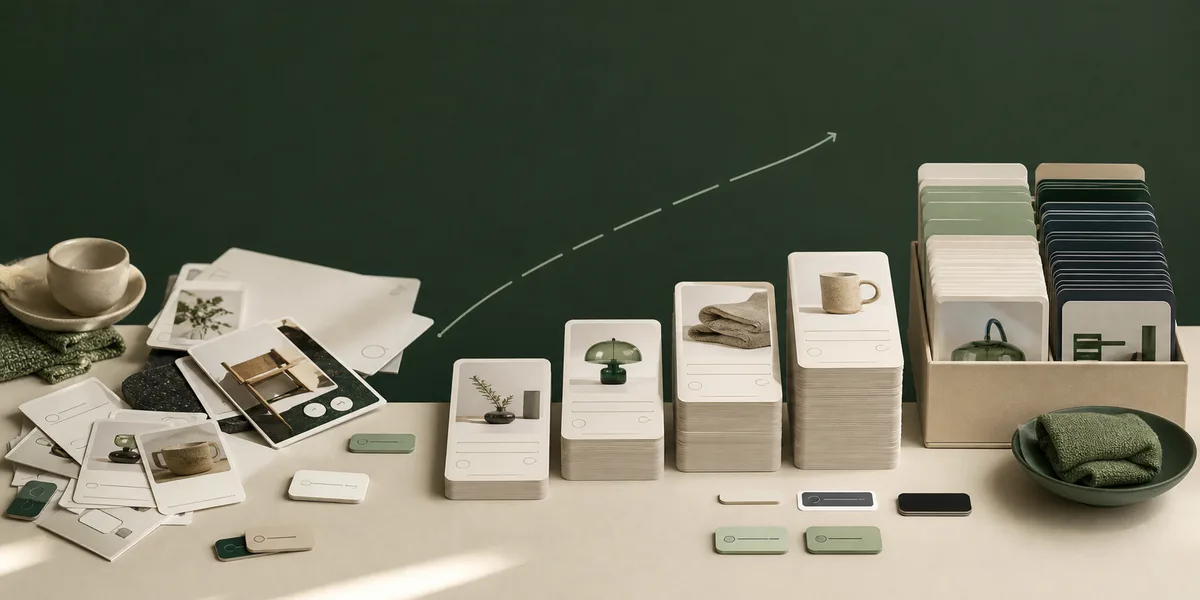 Product cards growing from a scattered content backlog into an organized catalog