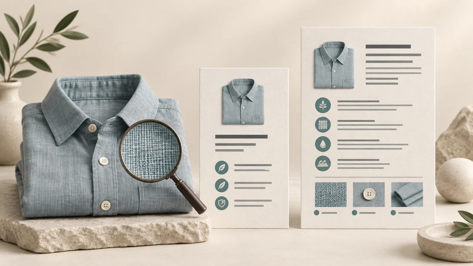 Folded linen shirt beside two description cards and a magnifying glass showing fabric texture