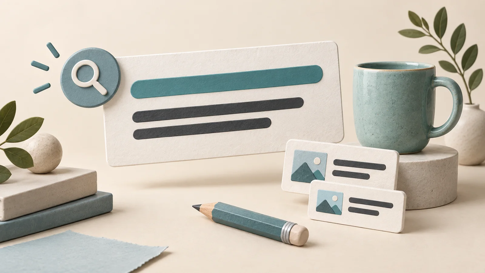 Search result card beside a ceramic mug, pencil, and two smaller preview cards