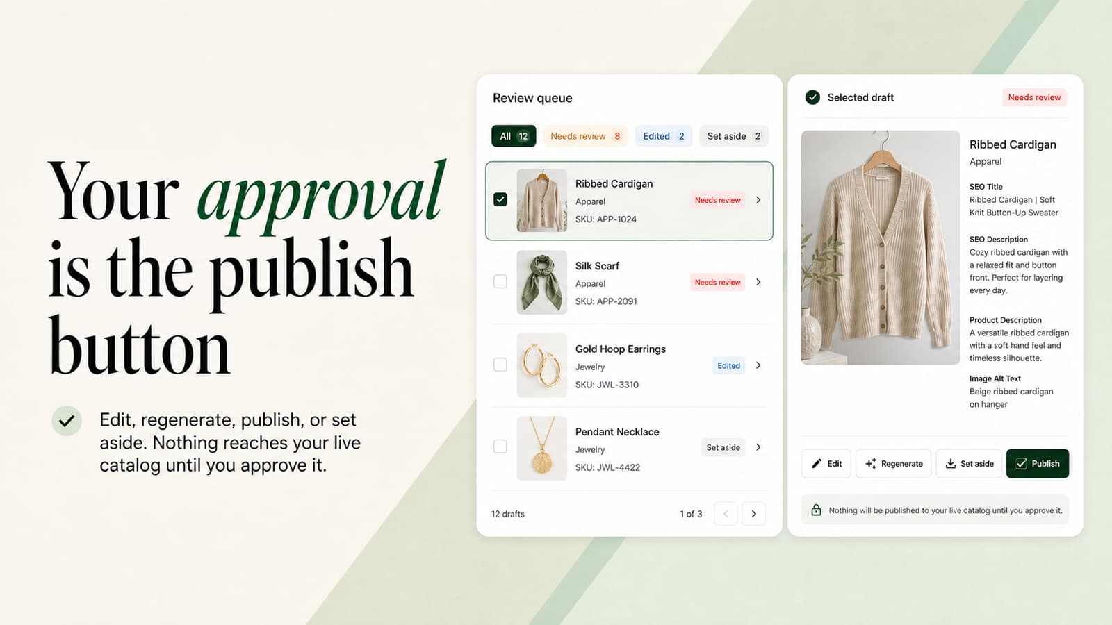 Lumi product content review queue with draft editing and publishing controls